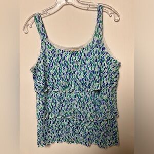 SUSAN LAWRENCE THREE LAYERED RUFFLED TANK TOP SIZE L. BLUE AND GREEN COLORS.